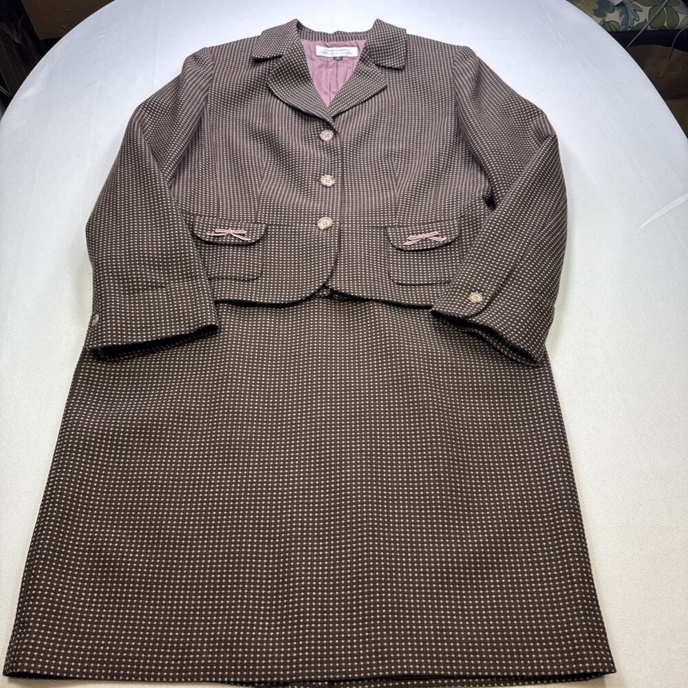 Tahari Arthur S Levine Skirt Suit Wool Brown Pink Polka Dot Vintage Sz 14 #0261